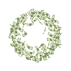 Indian rupee notes falling. Small INR bills on whi