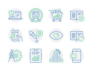 Technology icons set. Included icon as Music phone, Cogwheel dividers, Eye signs. Love book, Roller coaster, Reject book symbols. Chemistry pipette, Online help, Seo shopping. Metro subway. Vector