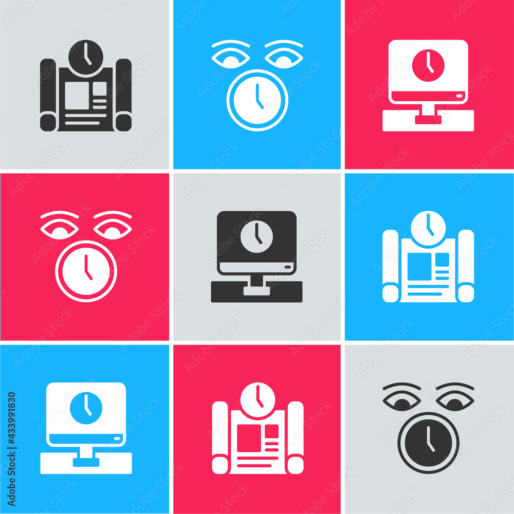 Poster set project time plan, clock and monitor icon. vector