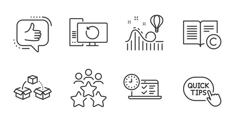 Copyright, Roller coaster and Parcel shipping line icons set. Online test, Quick tips and Like signs. Business meeting, Recovery computer symbols. Copywriting book, Attraction park, Send box. Vector