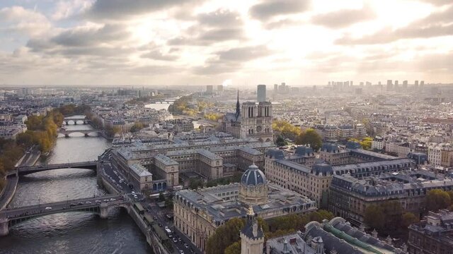 Aerial view of Paris. Notre Dame De Paris and Seine river