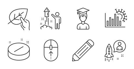 Coronavirus statistics, Medical tablet and Organic tested line icons set. Fireworks, Pencil and Startup signs. Student, Swipe up symbols. Confirmed cases chart, Medicine pill, Paraben. Vector
