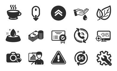 Scroll down, Swipe up and Wash hands icons simple set. Water bowl, Certificate and Money currency signs. Photo camera, Presentation board and Coffee cup symbols. Flat icons set. Vector