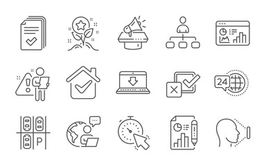 Timer, Handout and Megaphone line icons set. 24h service, Report document and Management signs. Loyalty points, Face id and Checkbox symbols. Line icons set. Vector
