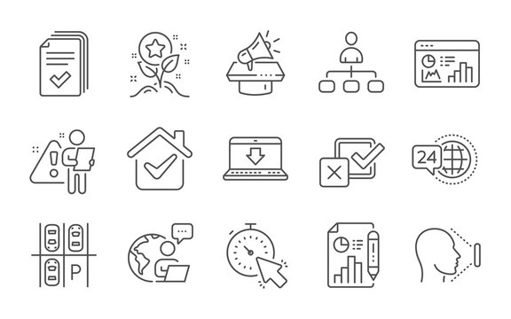 Timer, Handout and Megaphone line icons set. 24h service, Report document and Management signs. Loyalty points, Face id and Checkbox symbols. Line icons set. Vector