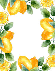 Watercolor border with lemons and leaves.