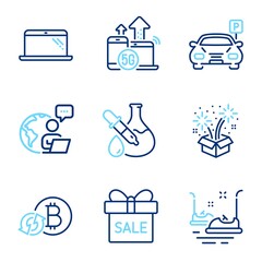 Business icons set. Included icon as 5g internet, Refresh bitcoin, Sale offer signs. Parking, Fireworks, Chemistry experiment symbols. Bumper cars, Laptop line icons. Line icons set. Vector