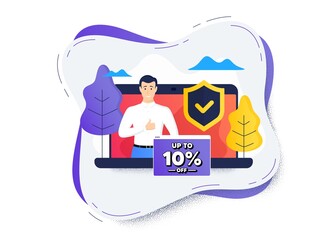 Up to 10 percent off Sale. Protect computer online icon. Remote education class. Discount offer price sign. Special offer symbol. Save 10 percentages. Safety shield icon. Discount tag banner. Vector