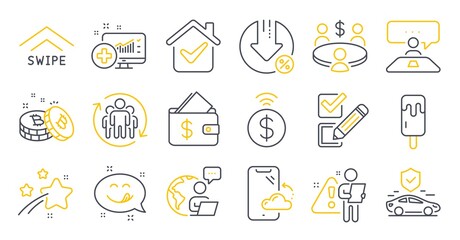 Set of Business icons, such as Ice cream, Bitcoin, Transport insurance symbols. Checkbox, Contactless payment, Teamwork signs. Smartphone cloud, Wallet, Swipe up. Interview job, Meeting. Vector