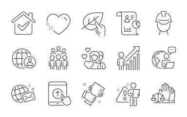 Couple, World mail and Swipe up line icons set. Employee result, Heart and Organic tested signs. Winner cup, Foreman and International recruitment symbols. Line icons set. Vector