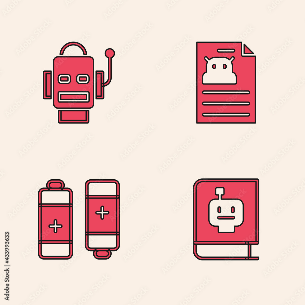 Poster set user manual, robot, technical specification and battery icon. vector