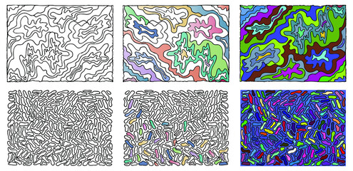 Set of abstract black and white and colored backgrounds. A set of abstract  textures for coloring. Anti stress. Illustration. Vector, eps10.