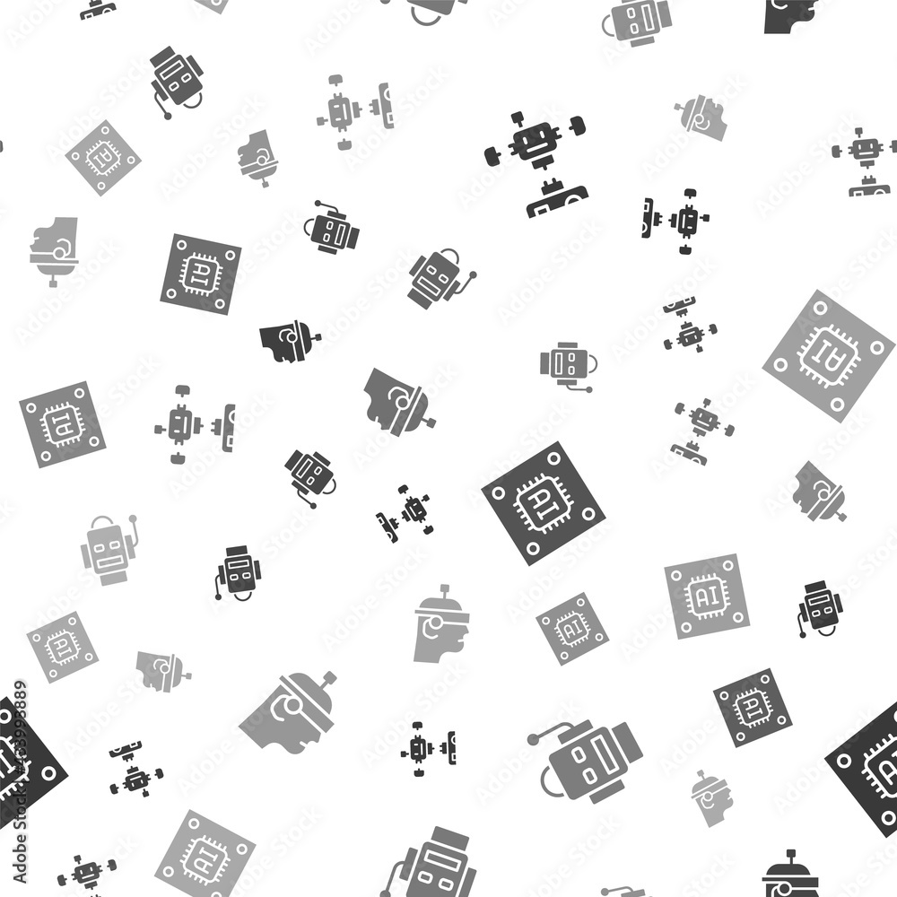 Poster set disassembled robot, robot, processor with microcircuits cpu and smart glasses on seamless patter