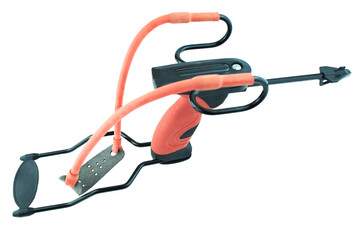 Professional orange slingshot isolate on white background. Modern slingshot with ergonomic grip with tubular bands.