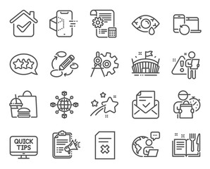 Business icons set. Included icon as Megaphone checklist, Recipe book, Arena signs. Conjunctivitis eye, Augmented reality, Settings blueprint symbols. Stars, Logistics network, Keywords. Vector