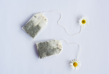 chamomile tea bag, herbal chamomile tea with fresh daisy flowers background, treatment and prevention of immune concept