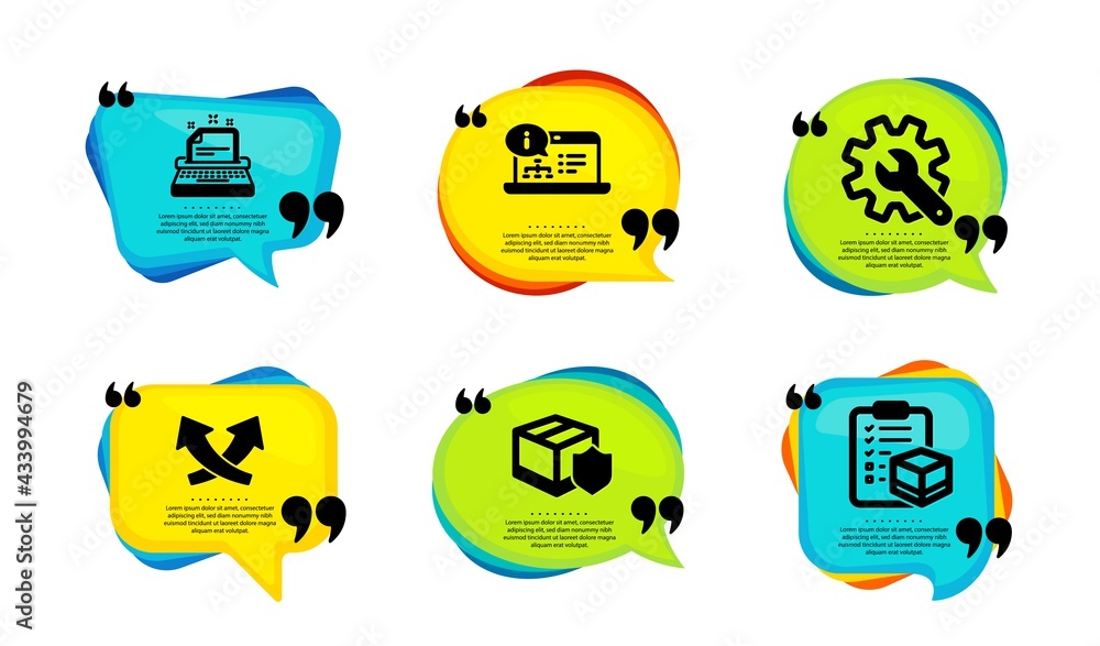 Poster delivery insurance, online documentation and customisation icons simple set. speech bubble with quot