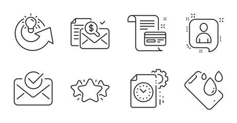 Payment card, Smartphone waterproof and Star line icons set. Project deadline, Accounting report and Developers chat signs. Approved mail, Share idea symbols. Quality line icons. Vector