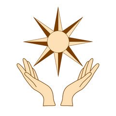 Mystical drawing: human hands hold the sun. Circle of a phase of the moon. Sacred geometry, card.