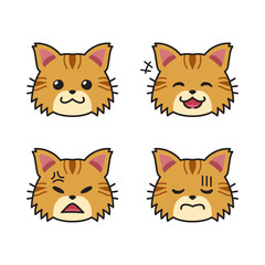 Set of cute brown cat faces showing different emotions for design.