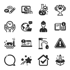 Set of Business icons, such as Startup, Safe time, Online help symbols. Chemistry lab, Scuba diving, Keywords signs. Speech bubble, Instruction info, Foreman. Online shopping, Winner cup. Vector