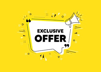 Exclusive offer. Megaphone yellow vector banner. Sale price sign. Advertising discounts symbol. Thought speech bubble with quotes. Exclusive offer chat think megaphone message. Vector
