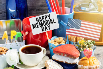 happy Memorial Day Remember and Honor text American flag background