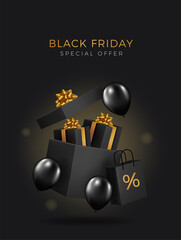 Black Friday Super Sale. Realistic black gifts boxes. Open gift box full of decorative festive object. Golden text lettering .Universal vector background for poster, banners, flyers, card, brochure