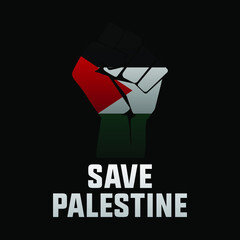 Save Palestine modern creative banner, sign, design concept, social media post with white text and resistance fist on a black abstract background