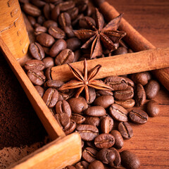 Vintage classic antique italy german hand manual ground coffee grinder powder of organic roasted espresso bean cinnamon star anise aroma in retro old wooden rustic homemade cafe shop barista style