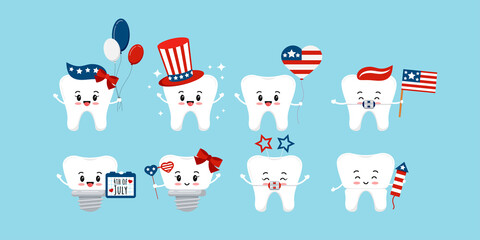 4 th of July teeth dental icon set isolated. Dentist cute tooth implant, in braces, crown character with waving american flag, ballons, glasses. Flat cartoon vector independence clip art illustration.