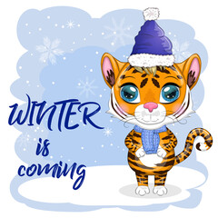 Cartoon tiger in a hat and scarf on a winter background, Winter is coming. Children's stylistics, cute. Symbol of 2022 New Year