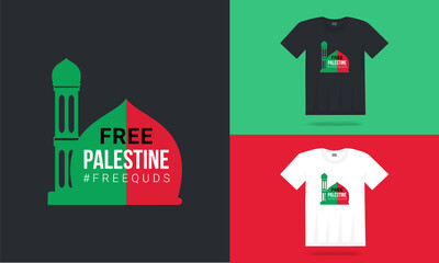 Free Palestine and Quds Typography T-shirt Design | Red and Green Mosque Vector 
