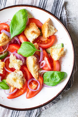 panzanella salad tomato, croutons, onion, olive oil, rusk on the table healthy food meal snack copy space food background rustic. top view keto or paleo diet veggie vegan or vegetarian food