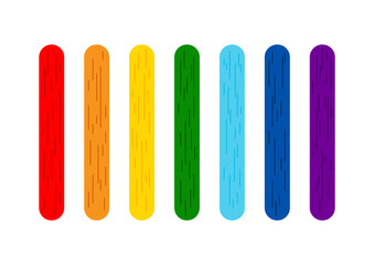 Rainbow color popsicle stick for game or ice cream set. Stick for kids activity, color matching, math game, holding ice cream lollipop with wooden texture. Flat cartoon vector clip art illustration.