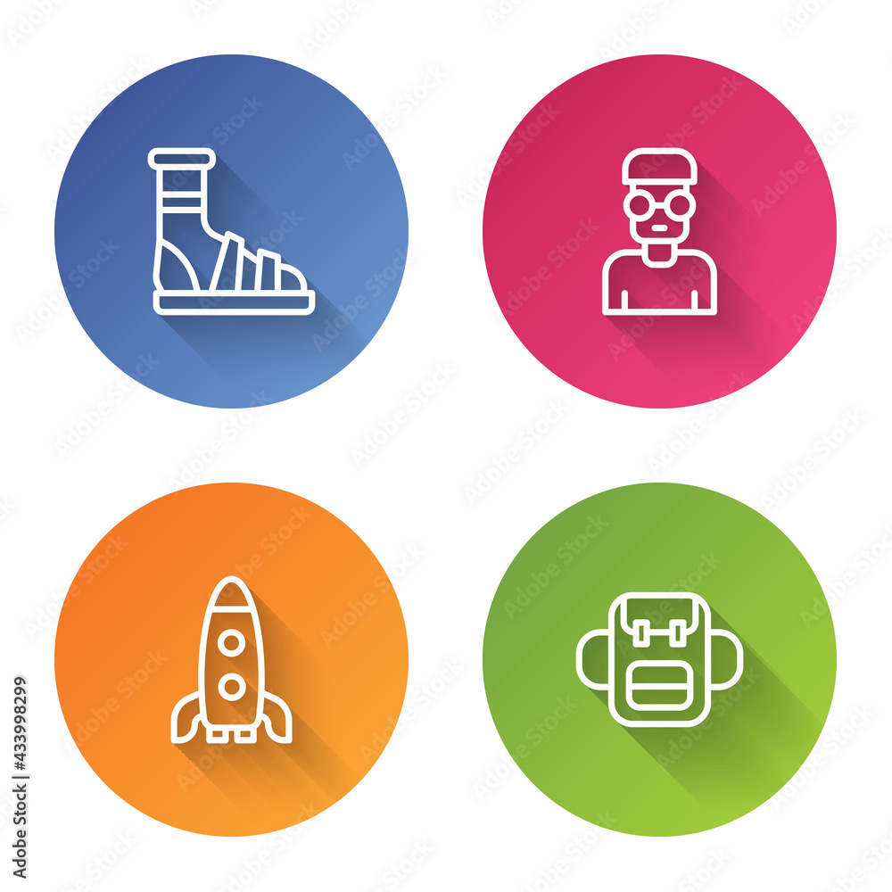 Poster set line slippers with socks, nerd geek, rocket ship and school backpack. color circle button. vecto