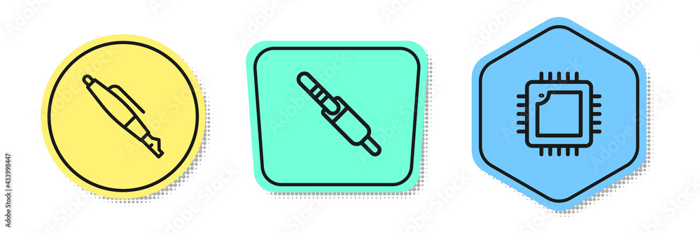 Poster set line fountain pen nib, audio jack and processor with cpu. colored shapes. vector