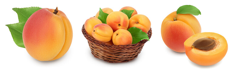 apricot fruit with half and slices isolated on white background with full depth of field. Set or collection