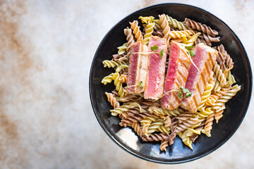 tuna pasta fusilli seafood roasted fish fried grilled second course meal snack pescetarian diet...