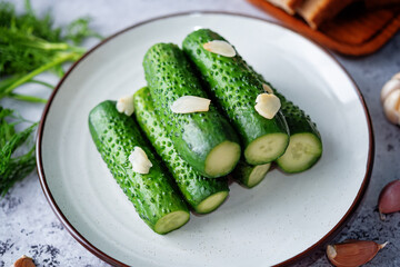 Pickled cucumbers with dill and garlic slices