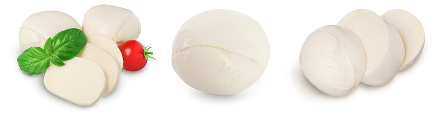 Mozzarella cheese sliced with basil leaf isolated on white background . Set or collection