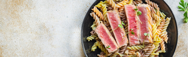 tuna pasta fusilli seafood roasted fish fried grilled second course meal snack pescetarian diet copy space food background rustic top view vegetarian food 