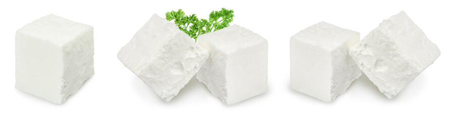 Feta cheese isolated on white background. With full depth of field. Set or collection