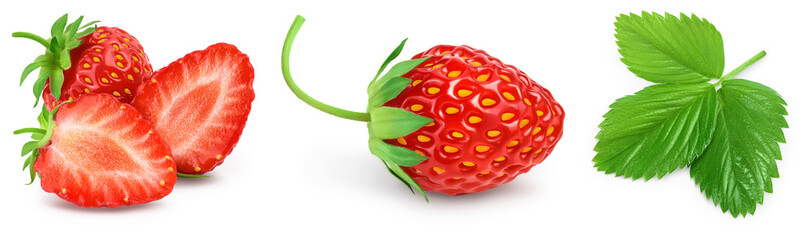 Strawberry and half isolated on white background. Fresh berry with full depth of field. Set or collection