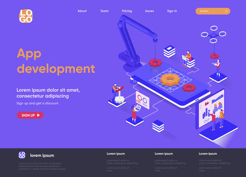 App development isometric landing page. UI UX design, prototyping, engineering and programming application. Digital technology isometry web page. Website vector illustration with people characters.