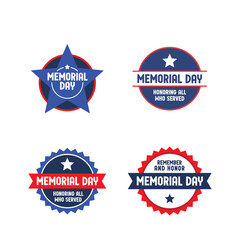 Memorial day badge collection. United States of America patriotic day emblem design. Red white and blue american symbol.