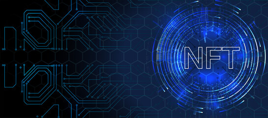 The concept of non-functioning NFT tokens on a dark blue background with blocks and a stream of numbers. Pay for unique collectibles in games or art. For banner or news. Vector illustration - obrazy, fototapety, plakaty