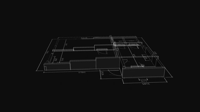 Beautiful Abstract 3d Blueprint of Building Apartments Turning on black Background. Construction Business Concept