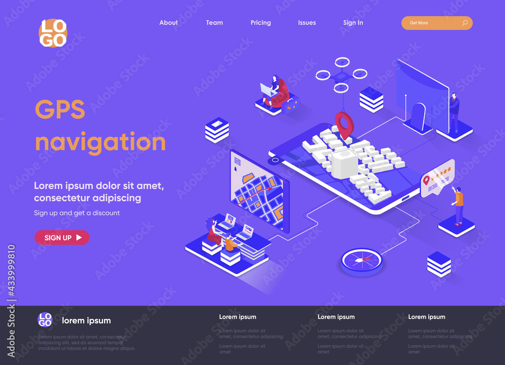 Leinwandbilder GPS navigation isometric landing page. Geolocation and navigation system, world orientation, route and direction isometry web page. Website flat template, vector illustration with people characters.
