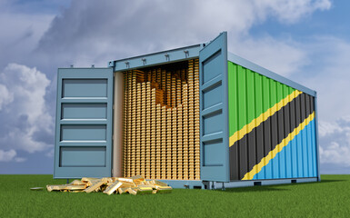 Freight Container with Tanzania flag filled with Gold bars. Some Gold bars scattered on the ground - 3D Rendering